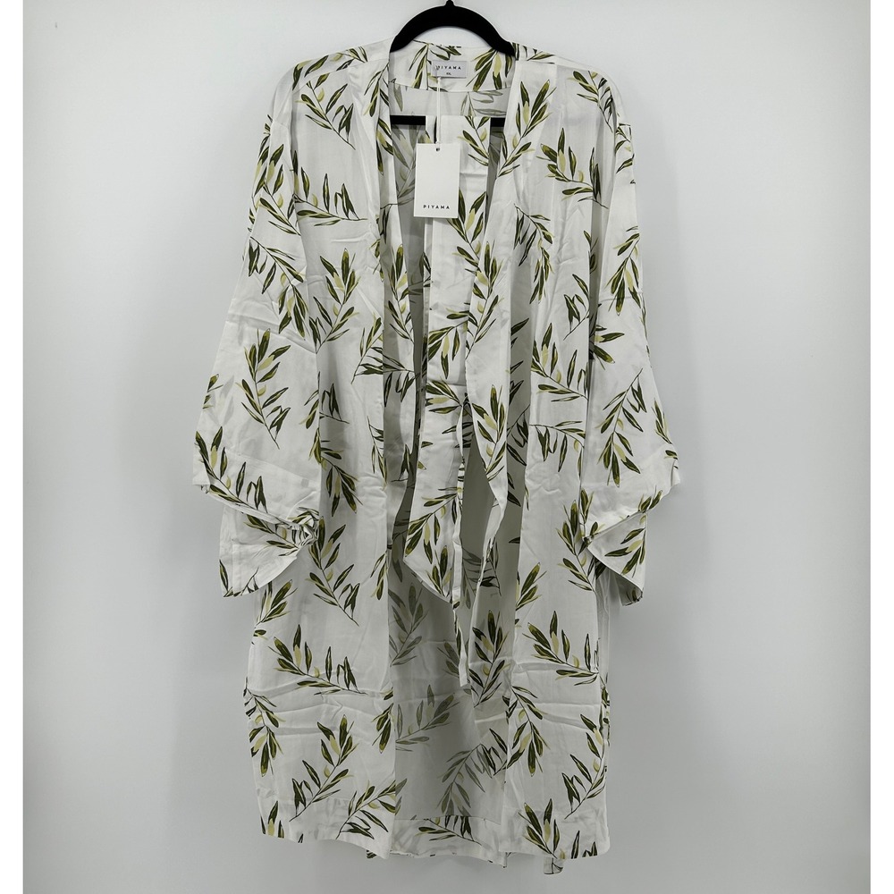 PIYAMA Olive Leaf Short Kimono Robe XXL‎ White Botanical NWT Loungewear Nature